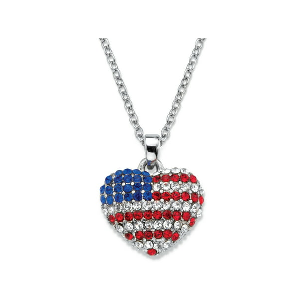 Women's Patriotic USA Flag Rhinestone Heart Shaped Adjustable Pendant Necklace